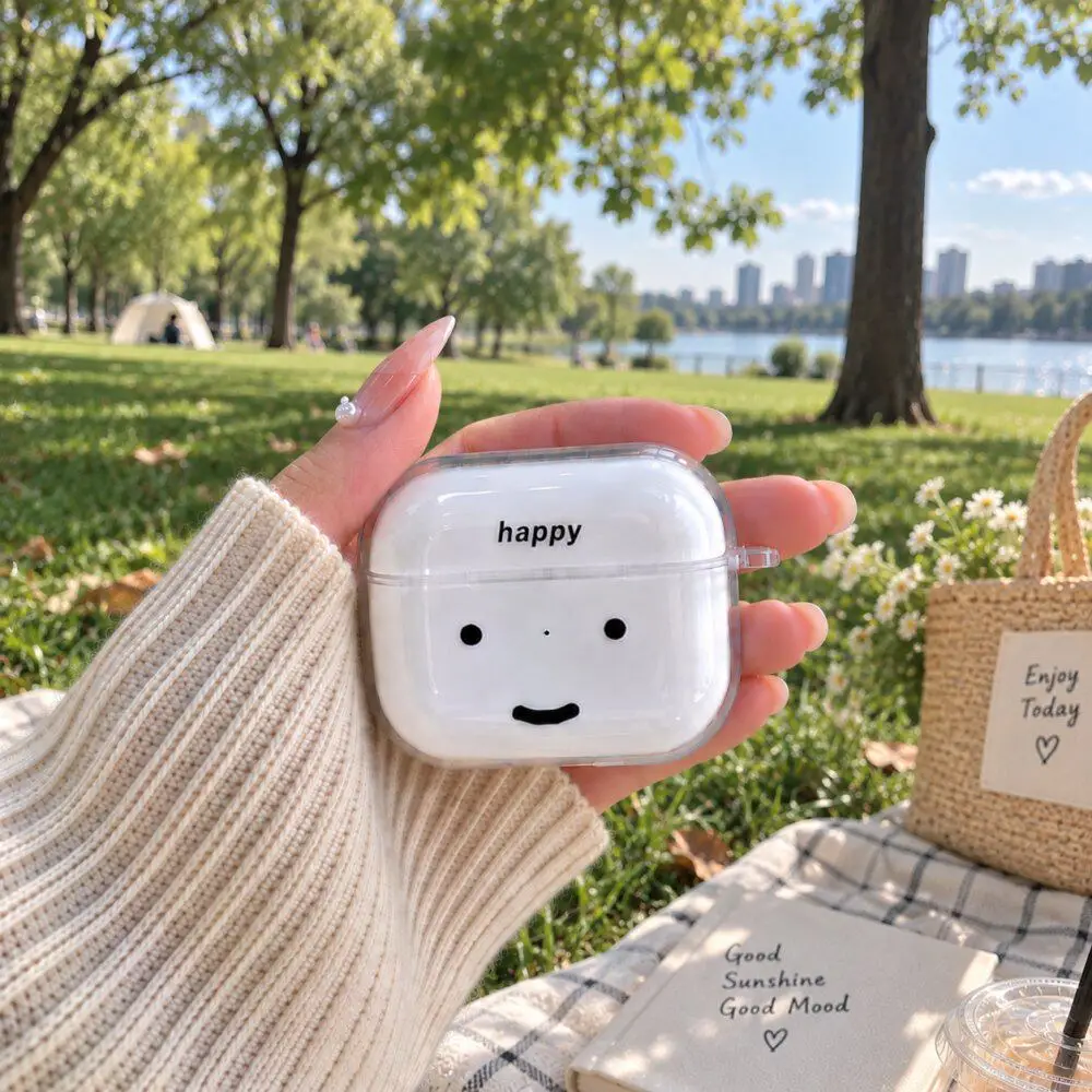 Simple black Smiley Face Lines Clear Niche For Airpods 4 3 2 1 AirPods Pro 3 2 Headphone Case Dustproof Anti-Fall Keychain