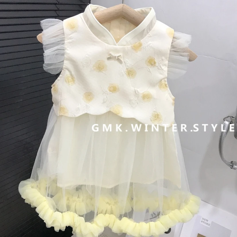 

Girls Skirt 2025 Summer New Children's Clothes Girls Baby New Chinese Princess Flying Sleeve Dress Casual Simple Daily