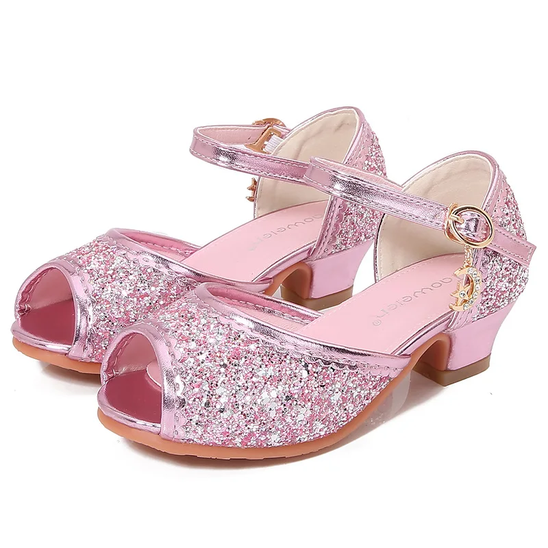 2024 Girls Sandals Summer Sequins Causal Children Princess Dress Shoes Fashion Luxury Kids High-heels Sandals for Wedding Party