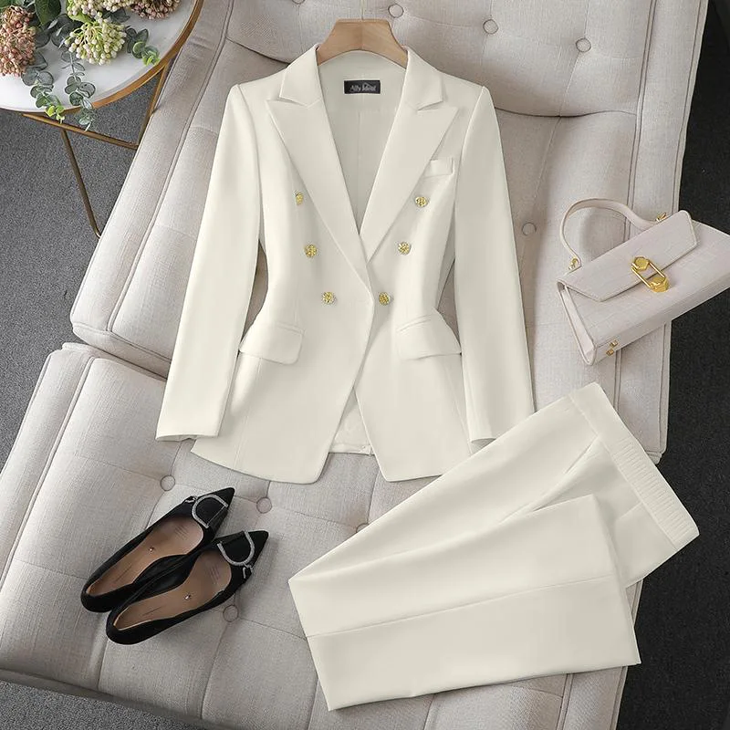 Korean Fashion 2 Piece Set Turn Down Collar Blazers Long Sleeve Slim Fit Pants Women Suits Office Lady Wear Pants Sets for Women