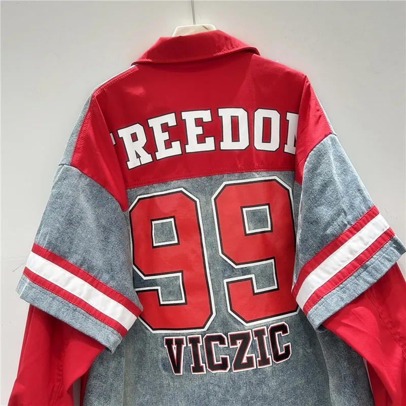 Retro Woman Denim Patchwork Shirt Jacket Numbers Letters Printed Jeans Spliced Blouse Coat Single Breasted Cowboy Cardigan Tops view 6