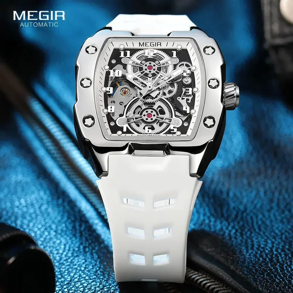 MEGIR 8602 Sport Automatic Watch Men Waterproof White Silicone Strap Mechanical Wristwatch with Tonneau Hollowed-out Dial