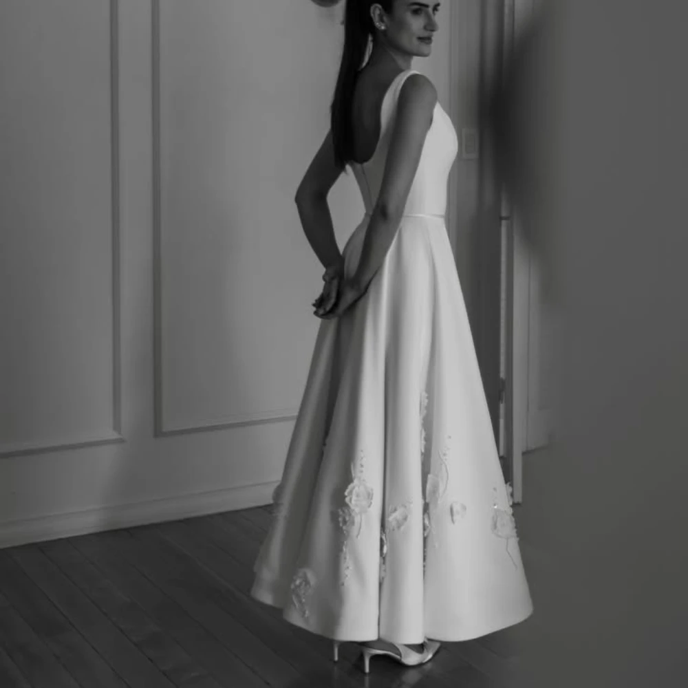 Customized White Satin Wedding Gown Square Neck Sleeveless A‑Line Midi Dress 3D Floral Pearl Beaded Formal Evening Gown