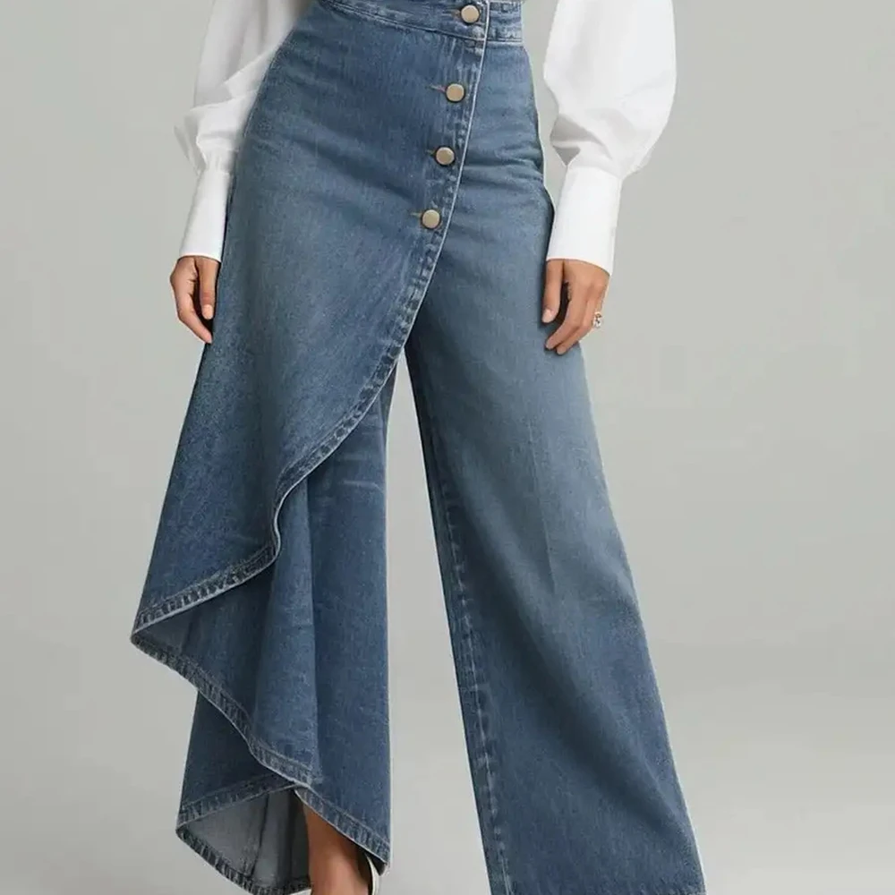 

Asymmetrical Ruffle High Waist Women Denim Wide Leg Pants Button Overlay Fashion Jeans Casual Vintage Chic High Street Trousers