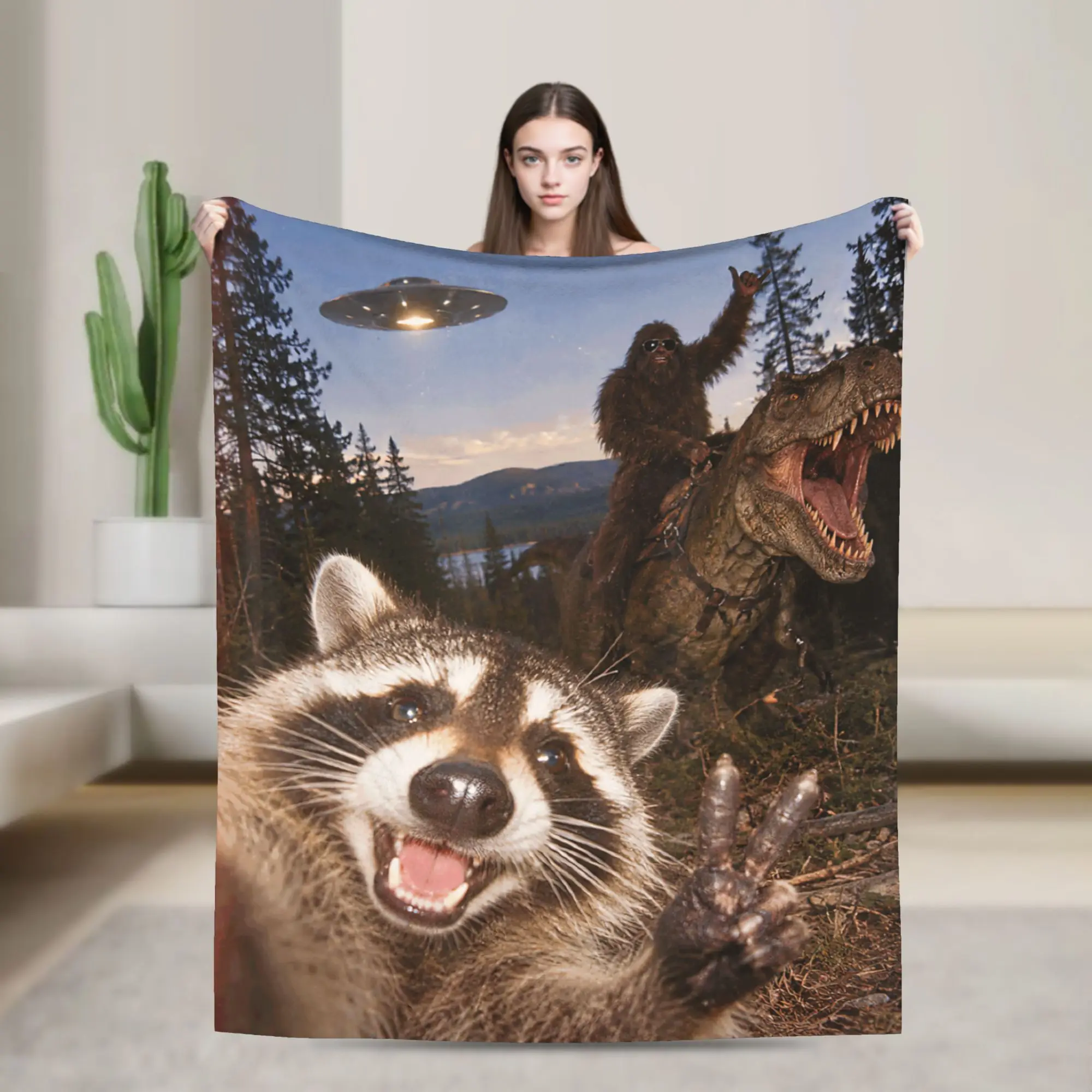 Funny Bigfoot Ride Dinosaur Raccoon Throw Blanket for Couch  Soft Cozy Plush Blanket 50x60 Inch Multi-size Bedspreads