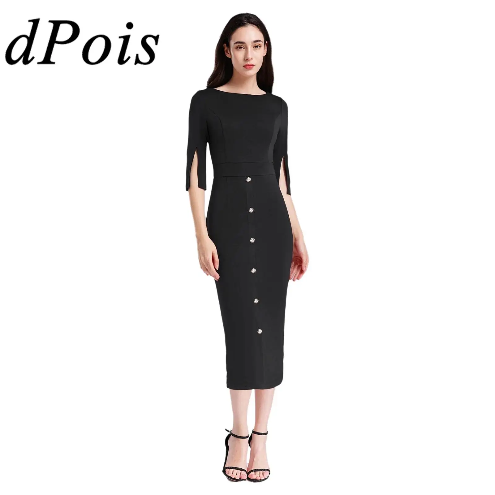 

Womens Elegant Dress Midi-length Black Half Sleeve Bodycon Dress for Work Formal Party Office Lady Dresses Robe De Soiree