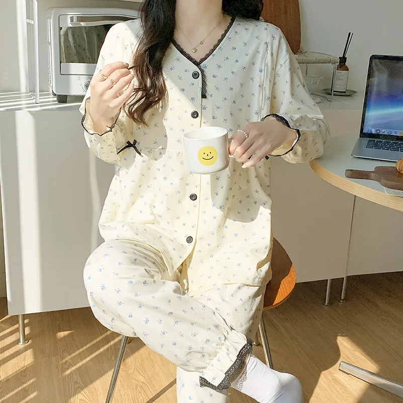 Pure Cotton Maternity Nursing Sleepwear Sets Spring New Korean Fashion Postpartum Pajamas Suit Pregnancy Home Lounge