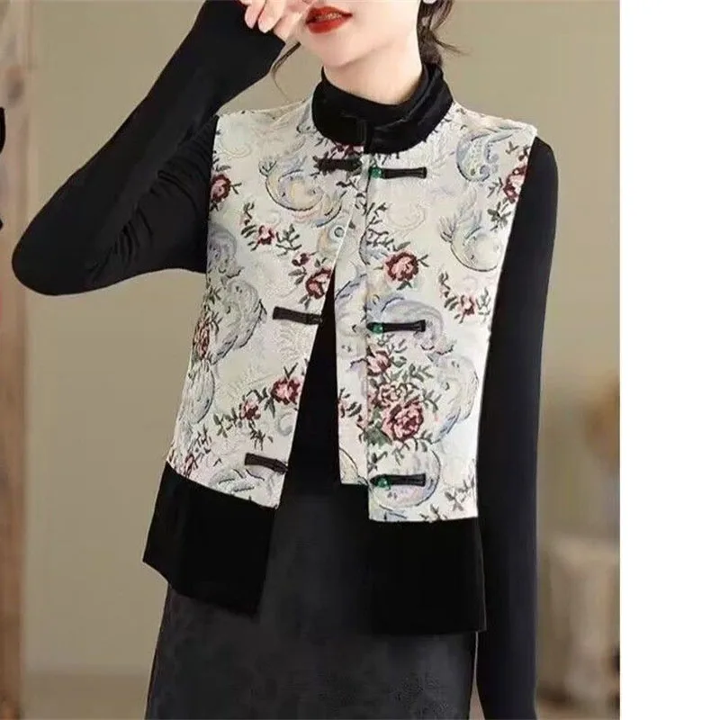 Women Light National Style Button Ink Tang Costume Coat Spring Autumn Female Sleeveless Small Coat Ladies New Chinese Style Vest