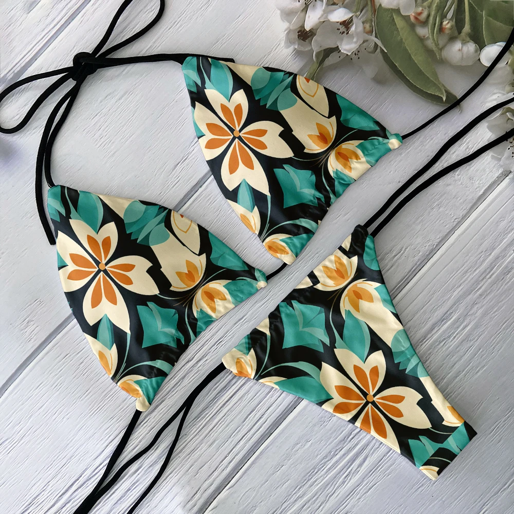 

Newly designed ladies bikini set 3d print butterfly flower sexy fashion swimsuit summer beach pad lace-up bikini With chest pad