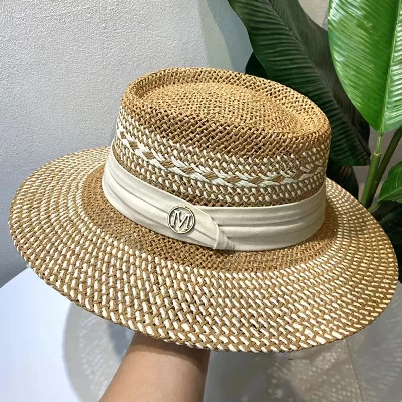 Summer Women\'s Straw Hat Ladies Luxury Sun Hat Fashion Sun Protection Beach Hat French Panama Hat Bump Top Wide Brim Raff Cap