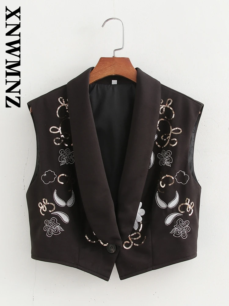 

XNWMNZ 2024 Autumn New Female Edgy Button Waistcoat Gilet Trendy Woman V-Collar Sleeveless Top Ruffles Regular Fit Sequins Vest