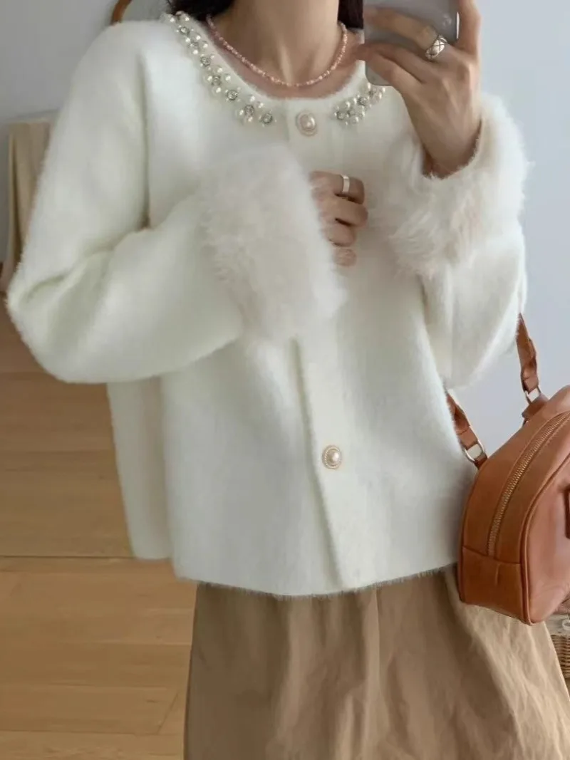 Imitação de vison veludo malha cardigan 2025 outono e inverno novas senhoras frisado camisola casaco feminino manga longa pele cardigan