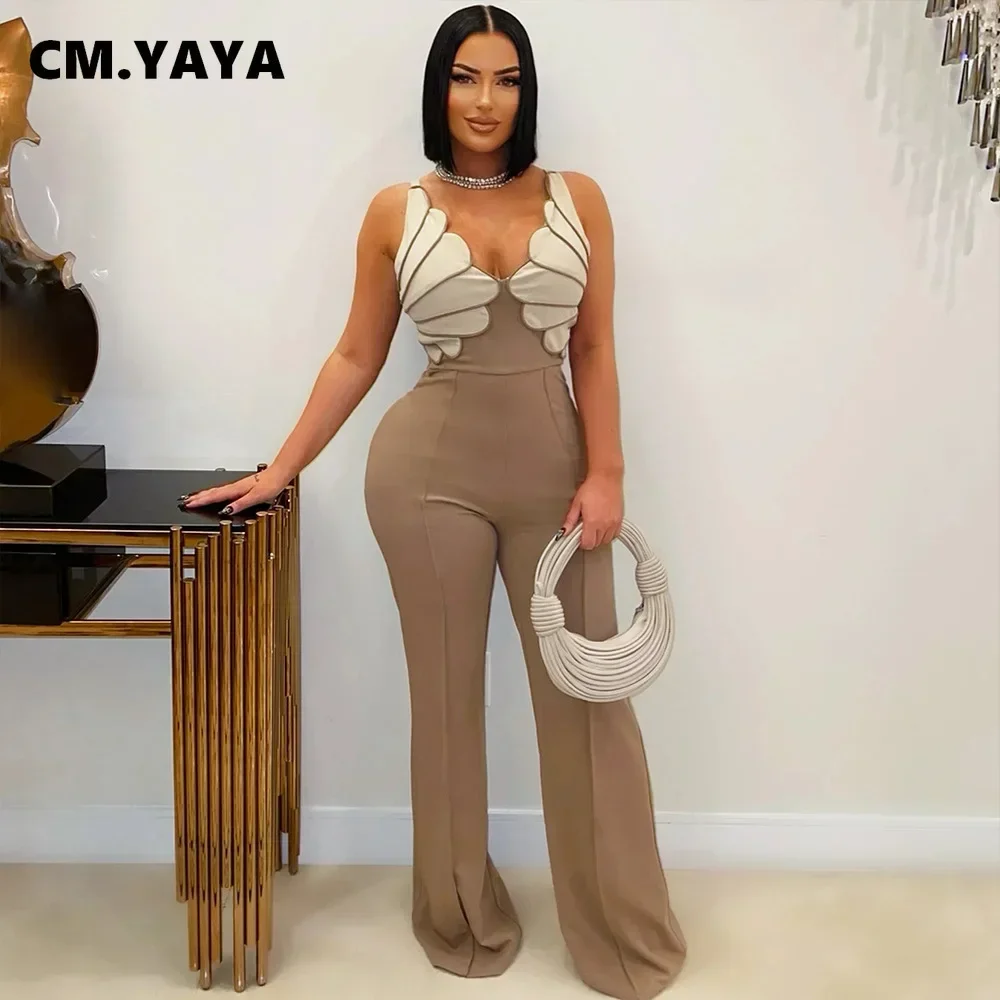 BWQ Women V-Neck Backless Wide Leg Straight Sleeveless Jumpsuits 2025 Spring Patchwork Sexy One Piece Set Streetwear Outfits