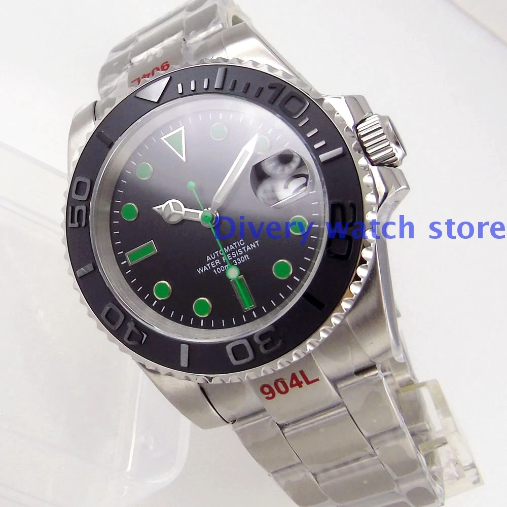 

40mm Cyclops Sapphire Glass NH35/Miyota 8215/Mingzhu 2813 Movement Black Dial Green Marks Steel Bracelet Automatic Men's Watch