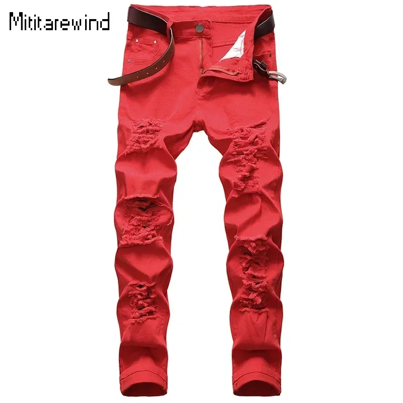 British Style Red Jeans for Men High Street Ripped Jeans Cotton Full Length Mid-Stretch Slim Jeans Youth Fashion Denim Man Pants