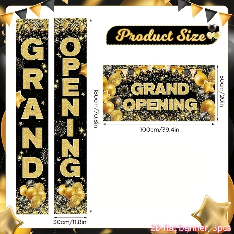 2D Flat 3Pcs Black Gold Grand Opening Banner, Large Open Sign, Indoor Outdoor Decor for Restaurant & Shop