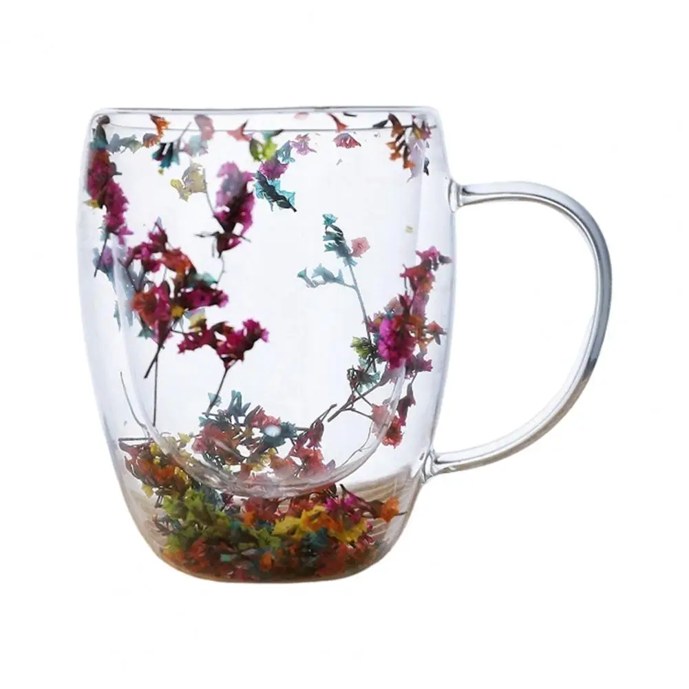 Thickened Mouth Glass Cup Elegant Dried Flower Double Wall Glass Coffee Mug Set Insulated Cups for Hot Beverages for Women