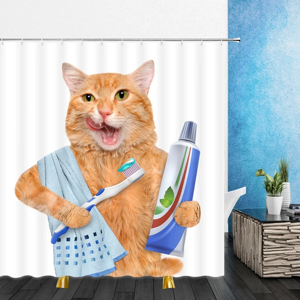 Funny Animal Shower Curtain Decor Cute Pet Cat Home Bathroom Polyester Bath Cloth Set Lanyard Hook