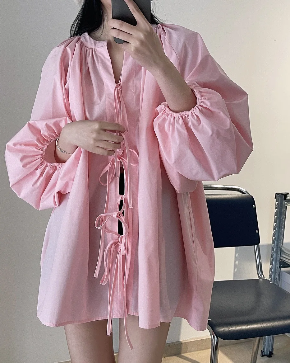 

Loose Long Sleeve Casual Shirt for Women with Tie Waist Comfortable Feminine Top in Soft Fabric