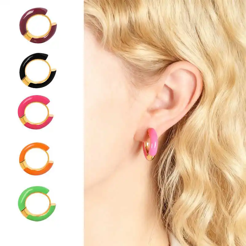 Candy Color Design Gold-Plated Enamel Drop Earrings Huggie Hoop for Women Stainless Steel Waterproof Jewelry Tarnish-Resistant