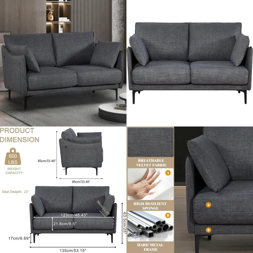 أريكة Loveseat، أريكة Loveseat حديثة بتصميم بسيط لمنتصف القرن مع منفذ شحن USB، أريكة صغيرة بمقعدين مع وسادتين، ساق معدنية #1