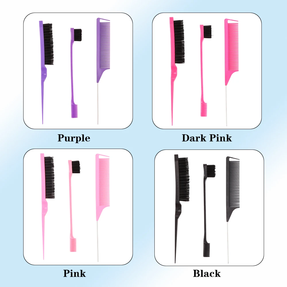 3Pcs Hair Styling Tools Edge Brush Rat Tail Comb Bristle Triple Row Styling Comb For Hair Styling Separating Combing & Coloring