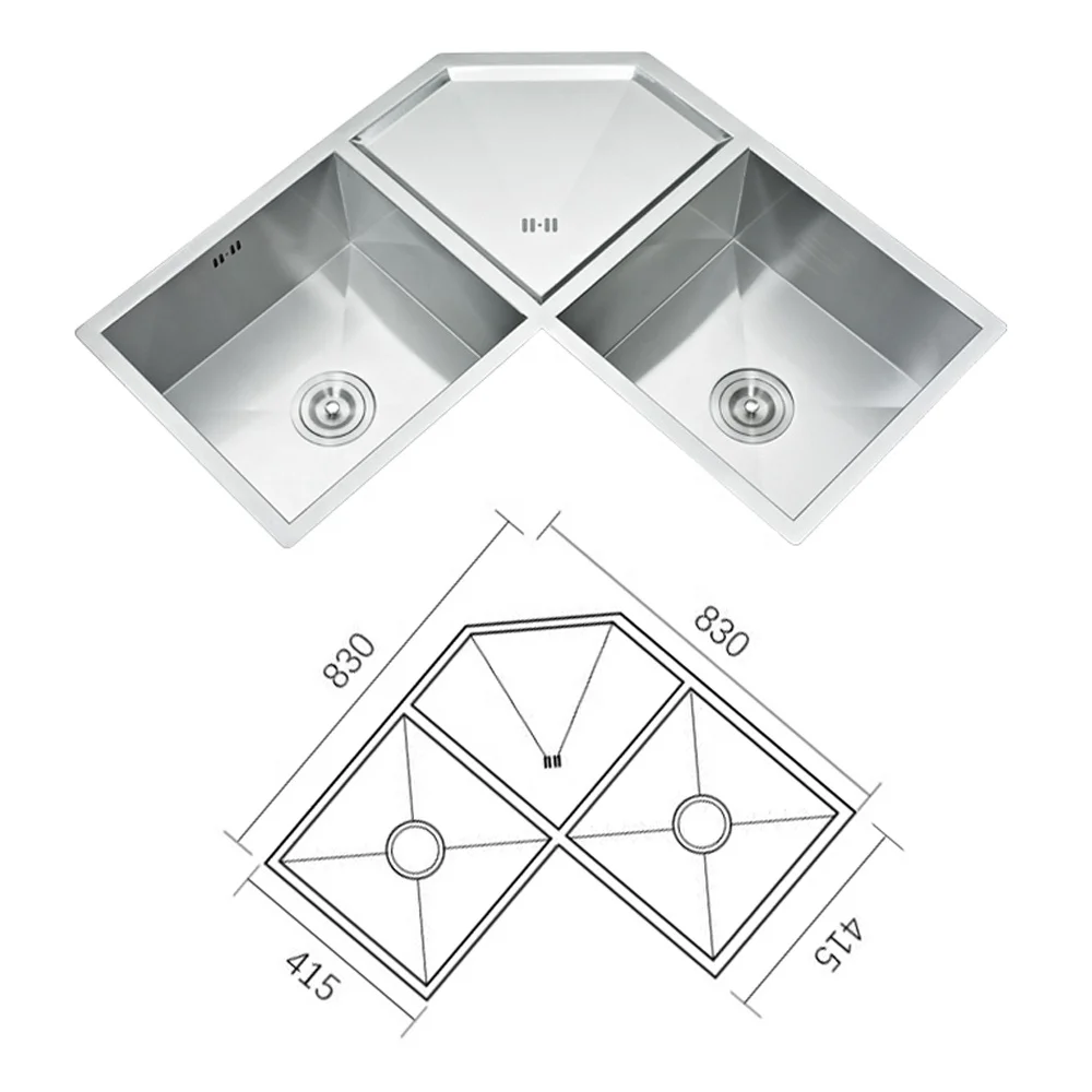 Unique Handmade Corner Kitchen Sink Stainless Steel Triangle Corner Design Modern Stainless Steel