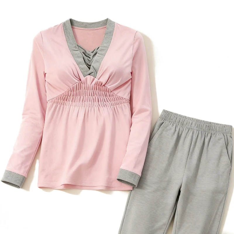 2-個マタニティパジャマ授乳パジャマセット産後ナイトガウン春秋妊娠服快適な着用感