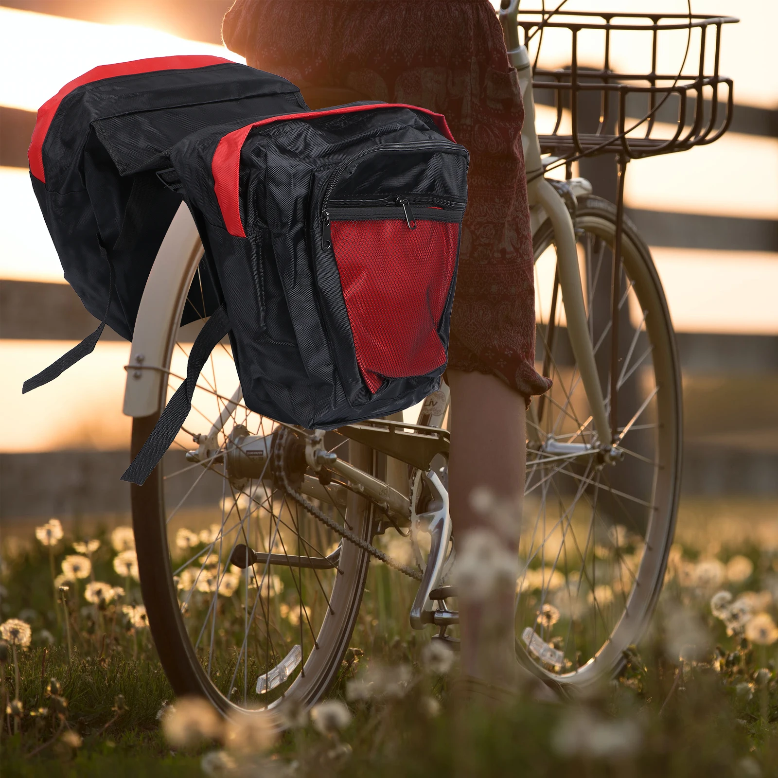 

Waterproof Double Saddle Bag Large Capacity Bike Frame Bag Rear Shelf Storage Bag For Road Mountain Bike (Red Black)