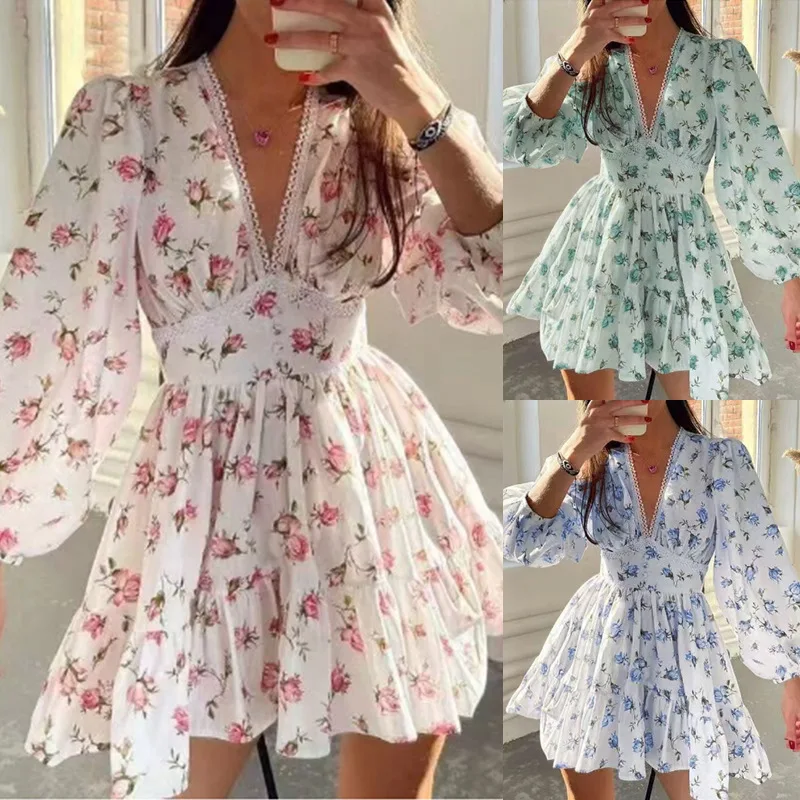 Neues Damenkleid mit mehrfarbigem Blumenmuster, V-Ausschnitt, Spitzenbesatz, Puffärmeln, geraffter Taille und gestuftem Minirock