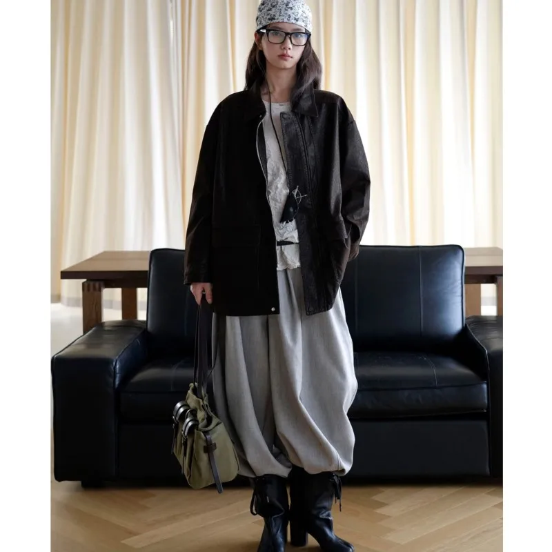 Johnature New Fall Winter Korean Vintage Lapel Loose PU Jacket Trendy Casual All Match Women Coats