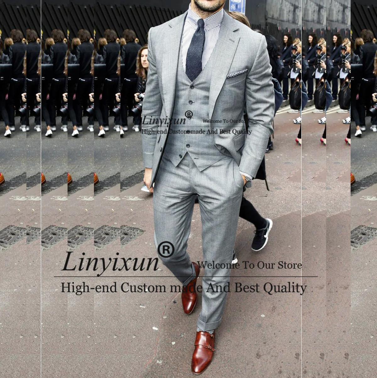 

Gray Men Suit Notched Lapel Groom Wedding Tuxedos Formal Business Male Blazer 3 Pieces Jacket Pants Vest Set Costume Homme