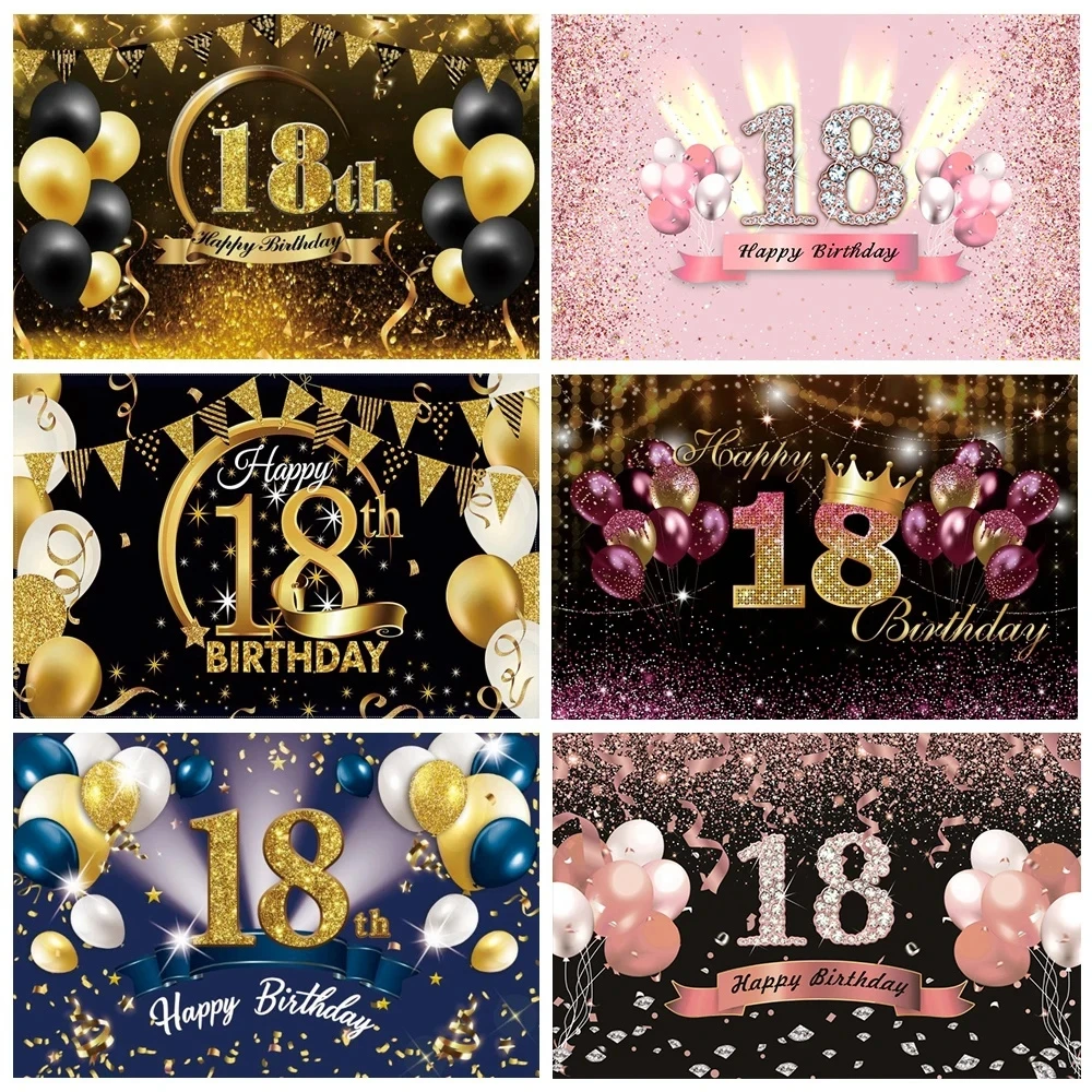 Happy 18th Birthday Backdrop Customized Black Gold Glitter Balloon Boys Girls 18 Years Old Birthday Party Photography Background