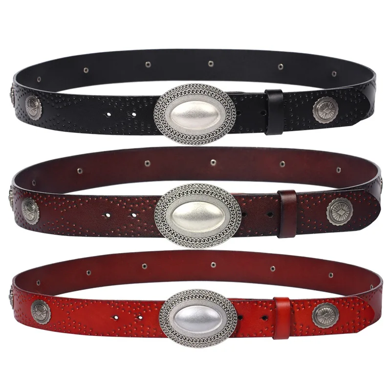 European and American  fashionable buckle personalized embossed men's and women's Cowskin belt  rivet genuine leather belt