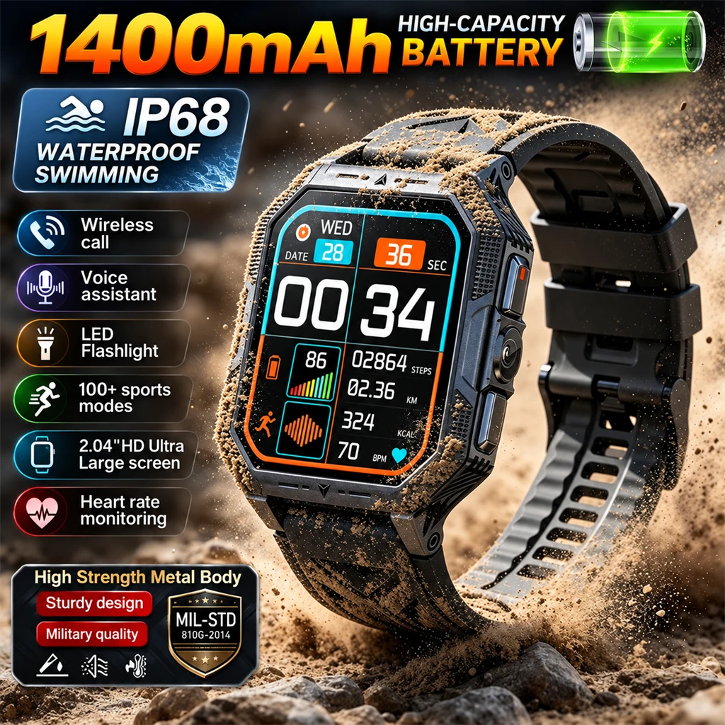 2026 Military 5ATM Waterproof Man Smart Watch 1400mAh Battery Smart Watches Men 2.04