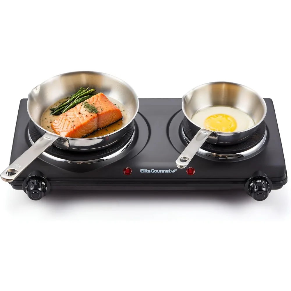 2025 NEW Elite Gourmet EDB-302BF# Countertop Double Cast Iron Burner, 1500 Watts Electric Hot Plate, Temperature Controls