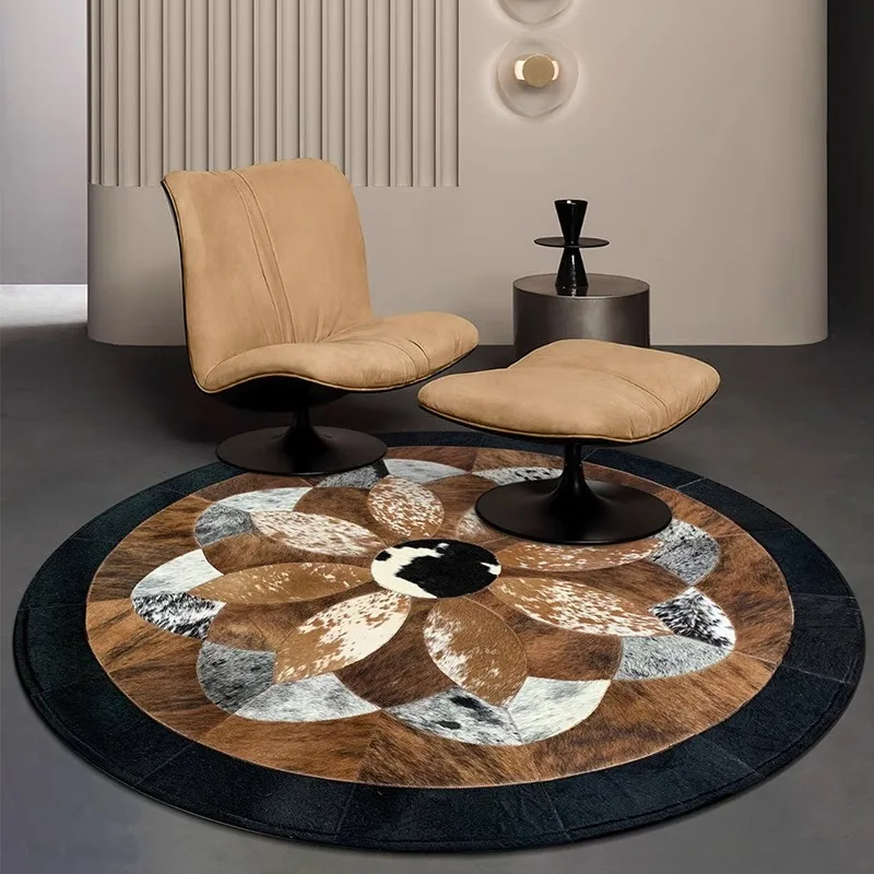 

Винтажный круглый ковер из натуральной яловой кожи для гостиной, ковер для спальни, ручной работы в стиле пэчворк