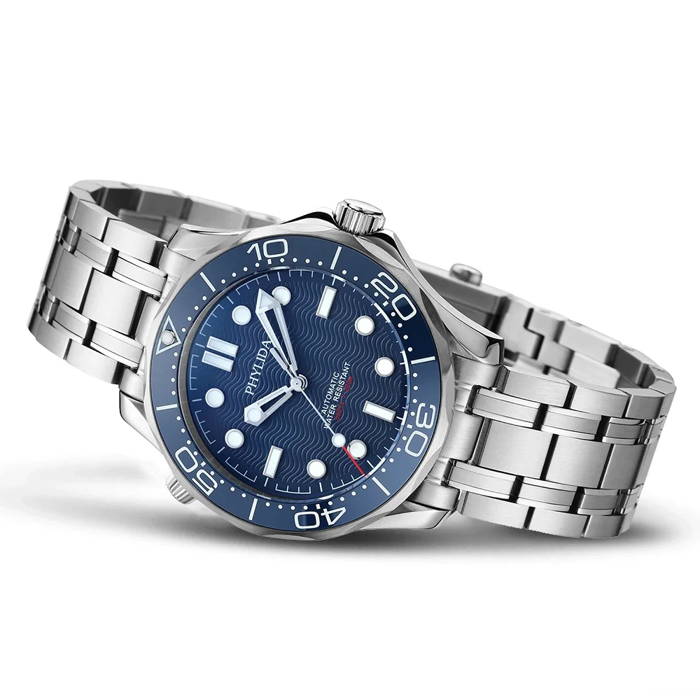 PHYLIDA-Reloj Automático NH38a, pulsera de buceo con esfera azul, cristal de zafiro 200, SLN BGW9 Lume SE-BL-38