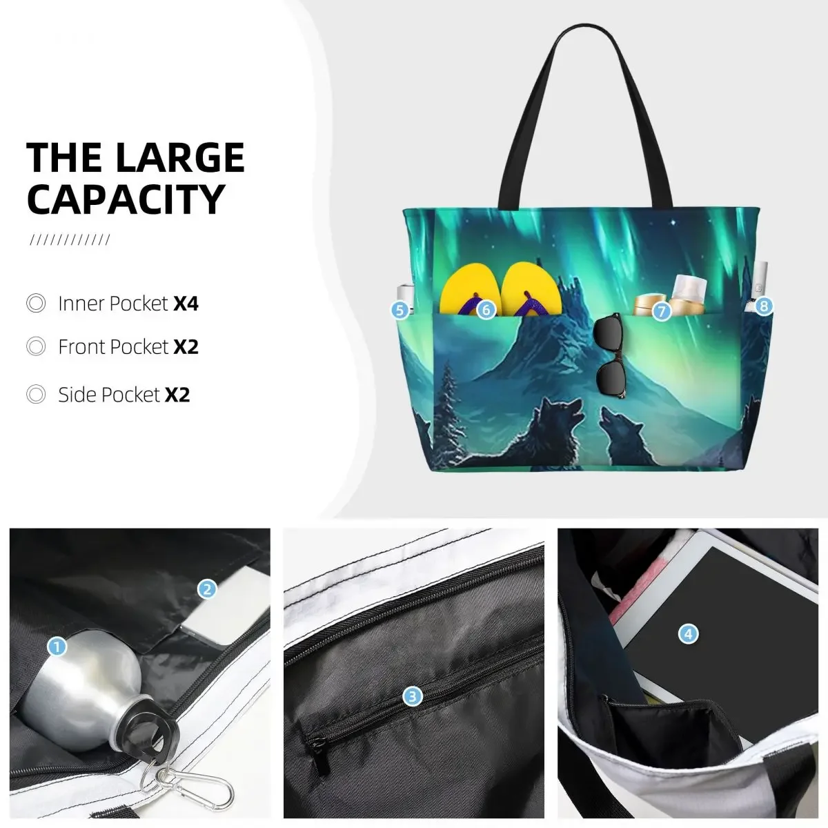 Wolf Northern Light Aurora Borealis Scenery Mountains Rivers Trees Beach Tote Bag Large Tote Bag Women Travel Bag Fitness bag