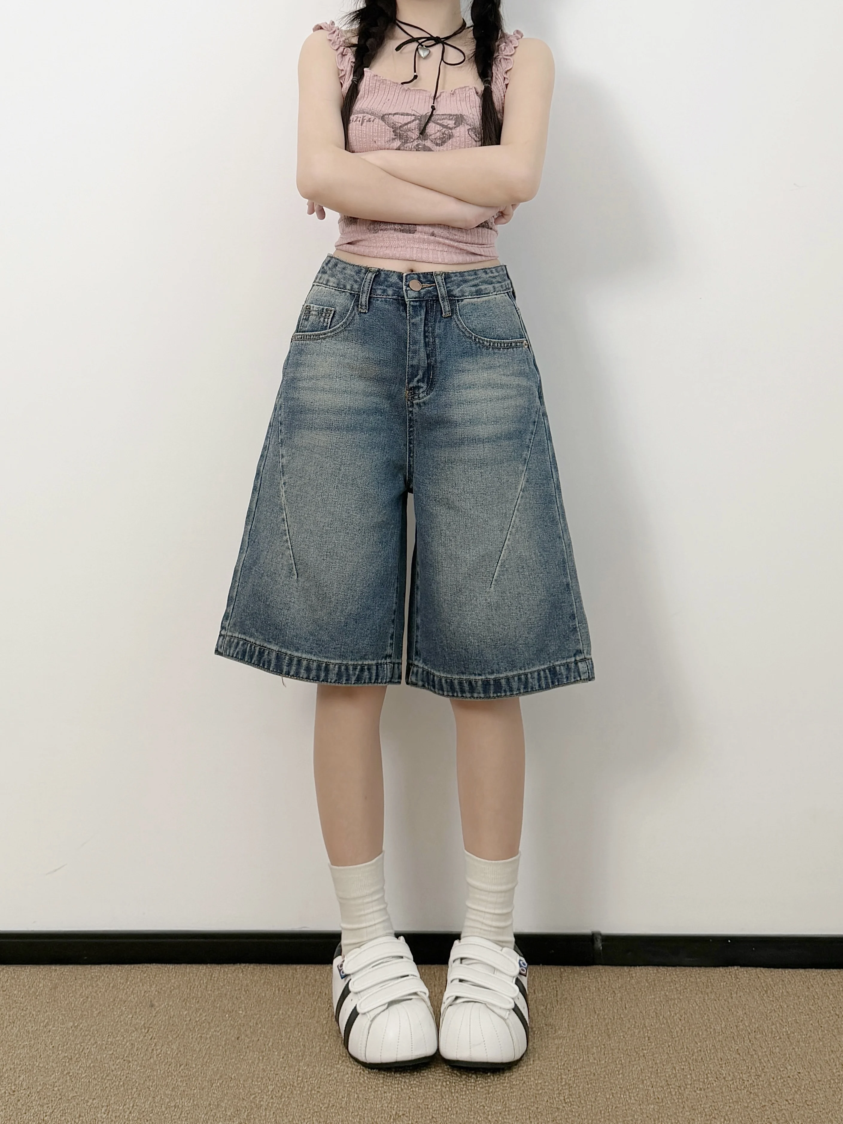 Retro Faded Low Waist Wide Leg Five-Point Jeans Women's Shorts Loose Straight A-Line Mid-Pants American Style Casual Wear