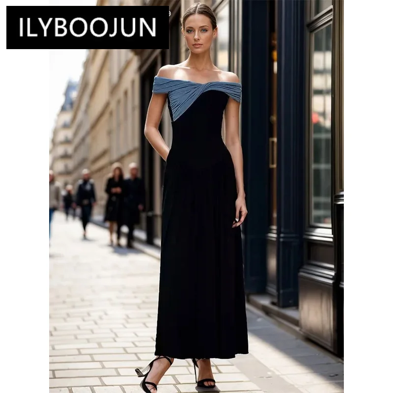 

ILYBOOJUN Colorblock Slimming Dresses For Women Slash Neck Off The Shoulder Sleeve Tunic Minimalist Temperament Dress Female