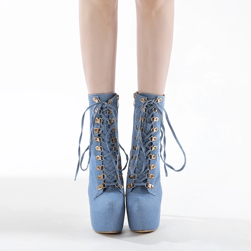 

Blue High Heels Woman Platform Boots Spring Denim Cross Strappy Cowboy Boots Big Size 42 Ladies Shoes Stilettos Mujer