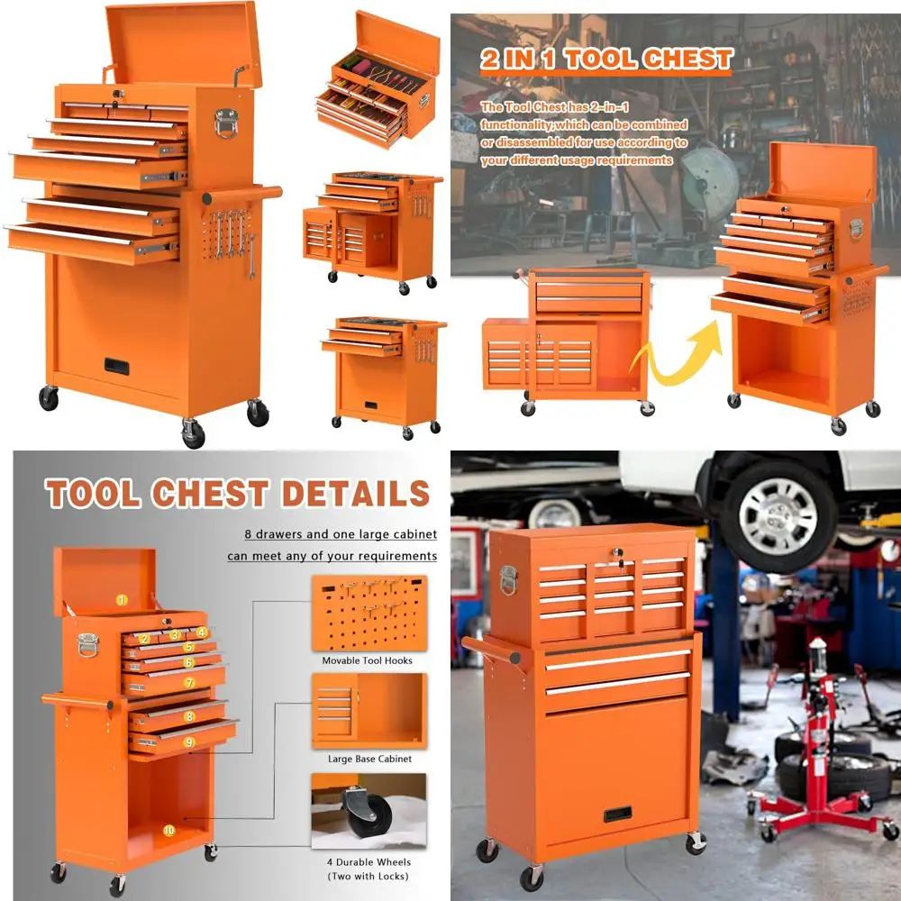 8段引き出し付き大容量ローリングツールチェスト、ガレージや倉庫での使用に適した取り外し可能なロック付き収納キャビネット