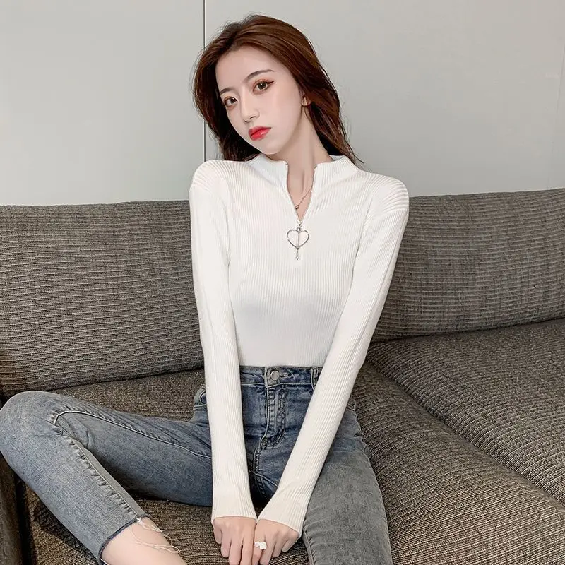 Korean Style Zipper Half High Neck Long Sleeve Slim Fit Base Layer Knitwear Versatile Autumn Winter New Arrival T-Shirt