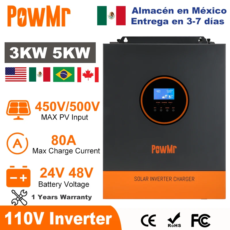 PowMr 3000W 5000W Hybrid Solar Inverter 24V 48V 110V Single Phase Pure Sine Wave Inverter with 80A MPPT Solar Charge Controller