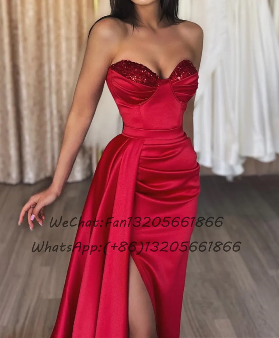 Women Red Long Mermaid Prom Dress Sequin Strapless Sweetheart Neck Streamer Slit Wedding Guest Dress Party Evening Dresses