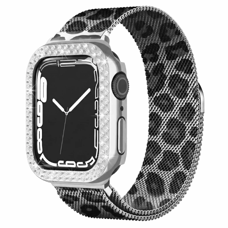 Milanese Loop+ Case for Apple Watch Band 44mm 45 40 41 42 38mm Diamond Cover+Leopard Bracelet iWatch Series 9 8 7 se 6 5 4 Strap