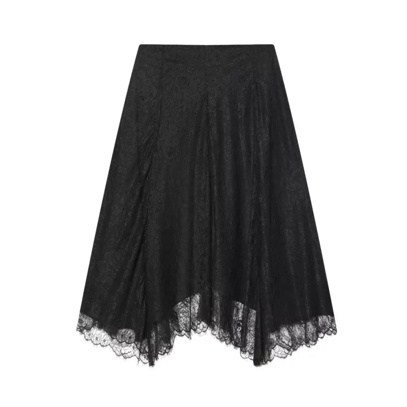 

Women Lace Midi Skirt Spring Summer Mid Waist Flared Asymmetric Hem Women's Skirt Side Zip Women's Elegant Skirts