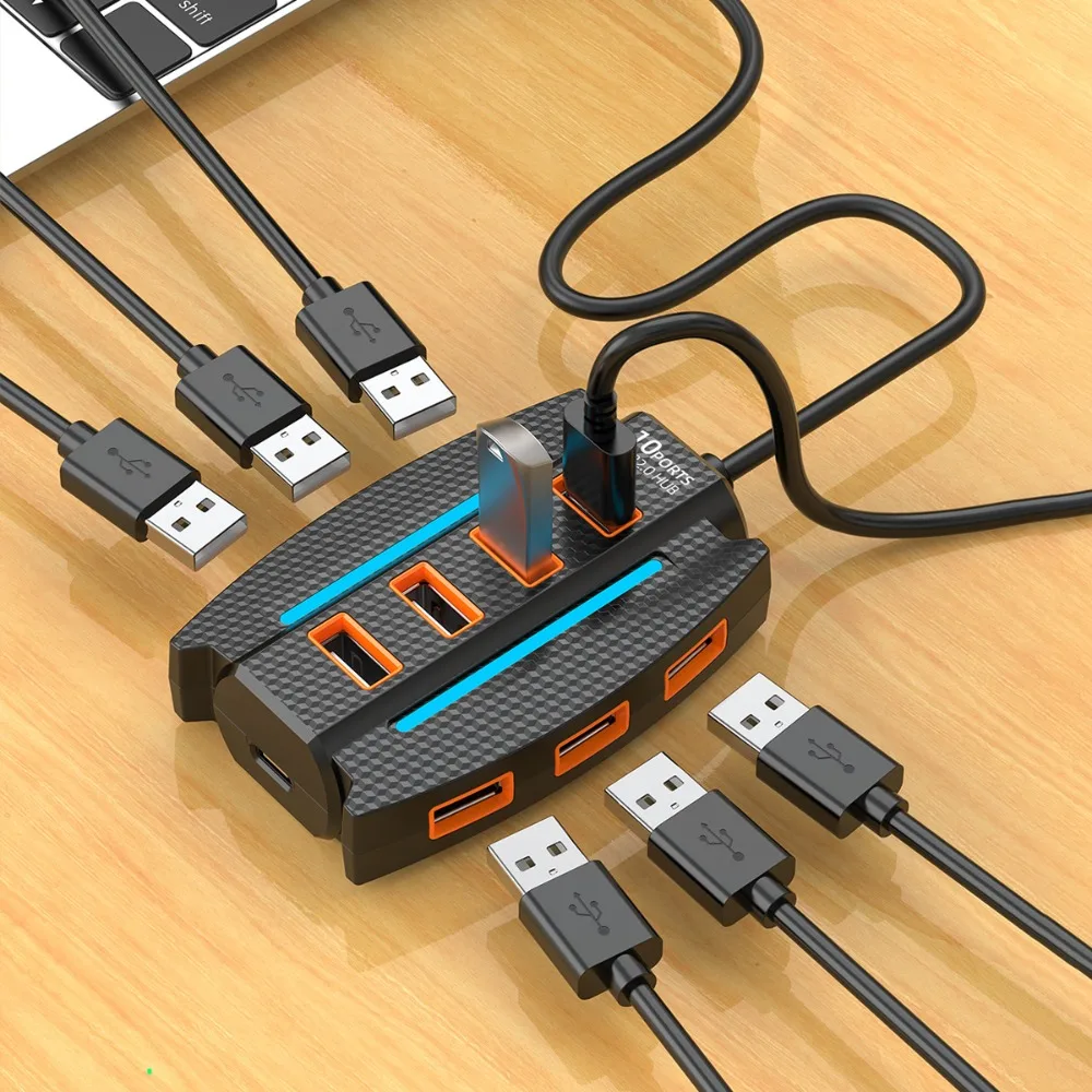RGB Backlight 10 Ports USB 2.0 Splitter Extend Data Transfer 10 in 1 USB2.0 HUB Multifunction USB Adapter USB Port Expander
