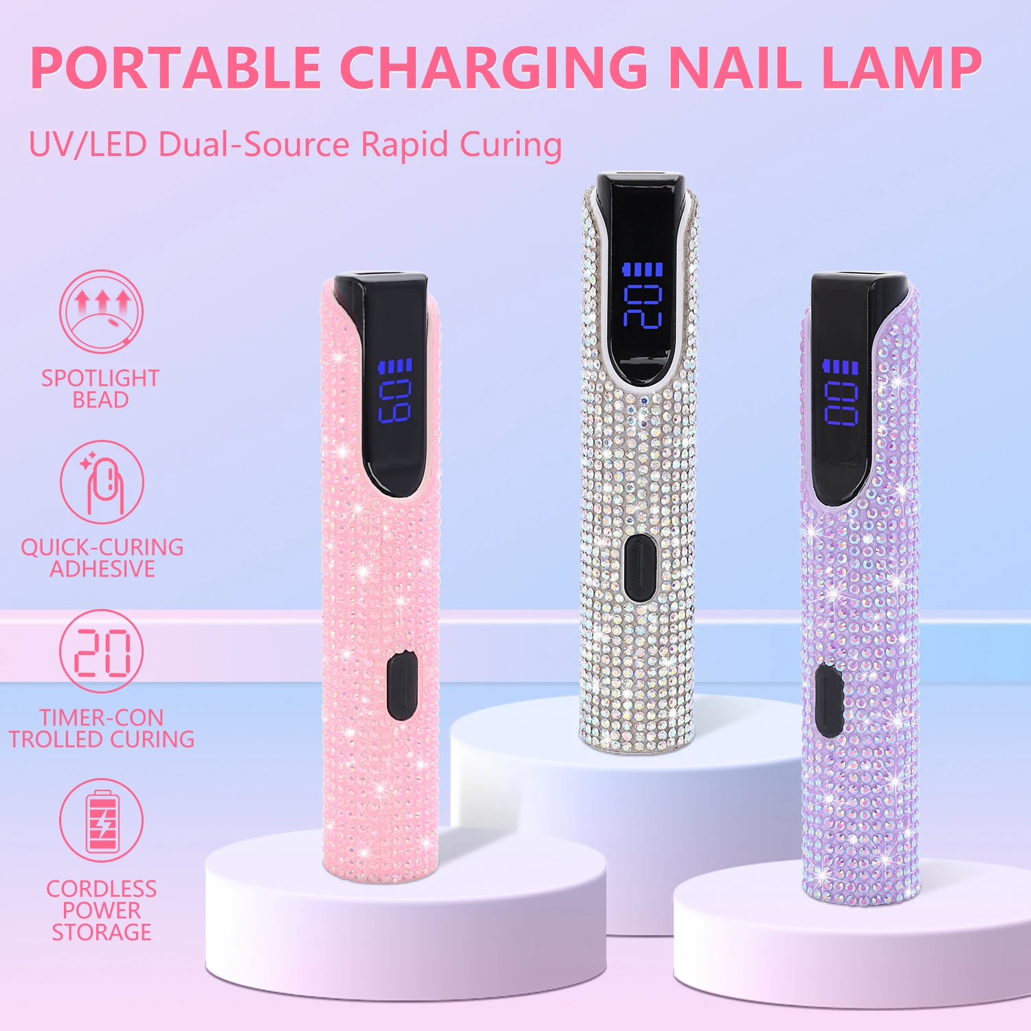 يمكن اختيار مصباح الأظافر المحمول باليد الماسي الكريستالي، توقيت 20 ثانية و60 ثانية لتجفيف طلاء الأظافر بسرعة.